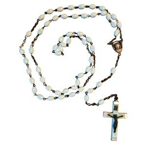 Vintage Italian Rosary Light Aqua Blue Beads Crucifix Made in Italy